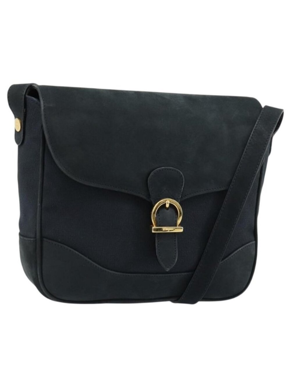 Authentic Salvatore Ferragamo Gancini Shoulder Bag Suede Navy Gold